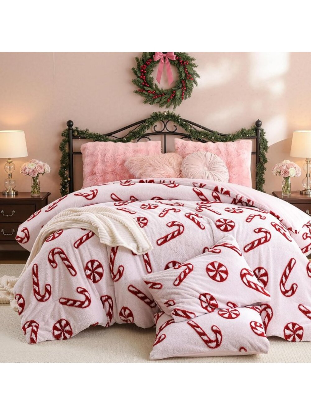 Cozy Light Pink Christmas Comforter Set | Fleece Candy Cane Design, Queen Size